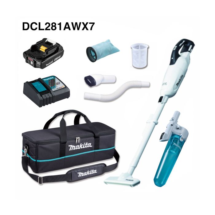 Makita 牧田 DCL281AWX7 充電式吸塵機套裝(鋰18V)(2.0AH電池連配件)(膠囊式)(無碳刷馬達)(按鈕開關)(白色)