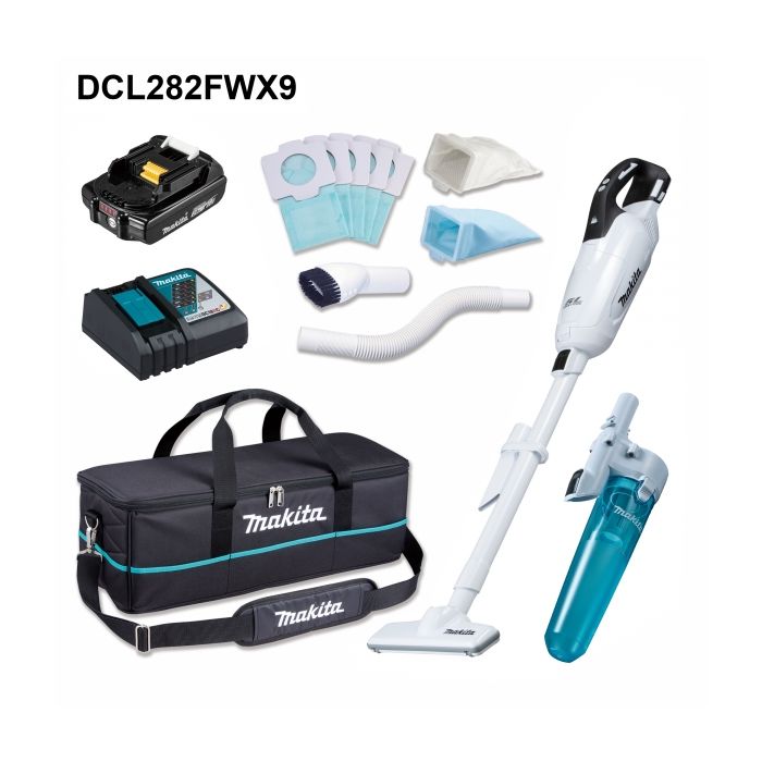 Makita 牧田 DCL282FWX9 充電式吸塵機套裝(鋰18V)(2.0AH電池連配件)(塵袋式)(無碳刷馬達)(按鈕開關)(白色)